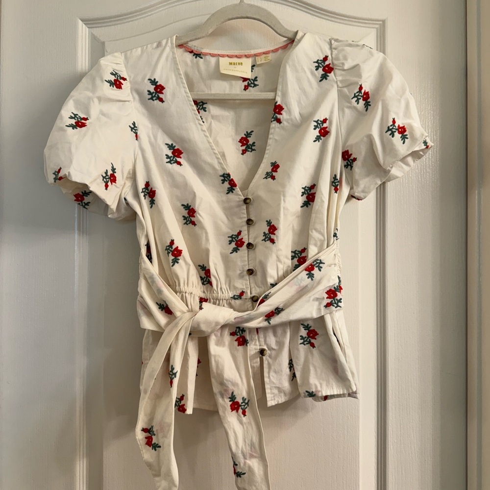 Anthropologie Cream Floral Button-Up Blouse
